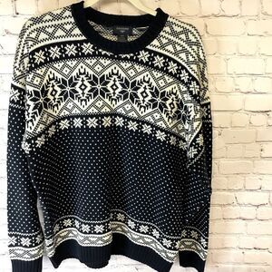 Dockers Mens Retro Sweater Fair Isle Navy Cream Crewneck 100% Cotton Size Medium